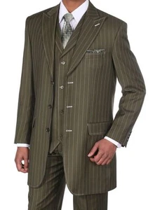 Men's 3pc Gangster Pin-Striped Three Button Suit 5903 w/ Vest Milano Moda - Picture 1 of 9