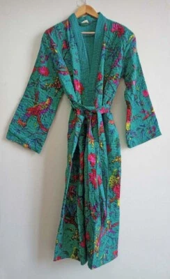 Handmade Green Bird Print Kimono Winter Jacket Kantha Robe Vintage Dressing Gown - Image 1 of 4