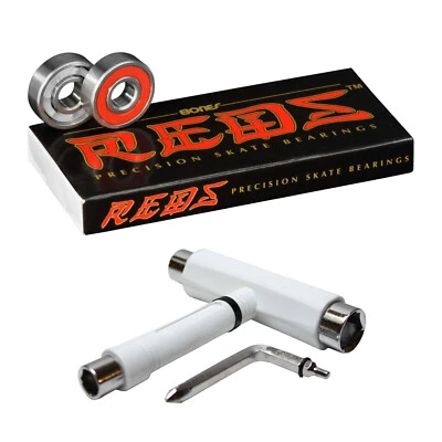 Bones Reds Skateboard Bearings 8mm Size 608 8 Pack + Spacers AND WHITE T-TOOL