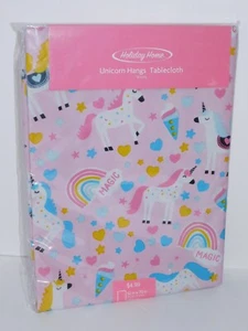 Unicorn Party Tablecloth Cover Oblong 52x70 Vinyl Pink Rainbows Hearts Magic - Picture 1 of 7