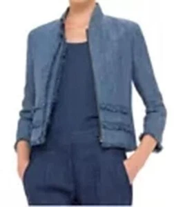 AKRIS PUNTO 100% Linen Blue Fringe Trim Zip Front Jacket, Size 10 - Picture 1 of 13
