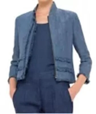 AKRIS PUNTO 100% Linen Blue Fringe Trim Zip Front Jacket, Size 10 - Image 1 of 4