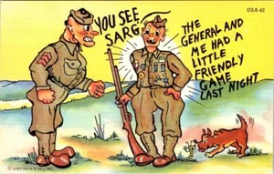 Military Comic FRIENDLY GAME WITH GENERAL Soldier & Medals WWII ca1940s Postcard - Picture 1 of 2