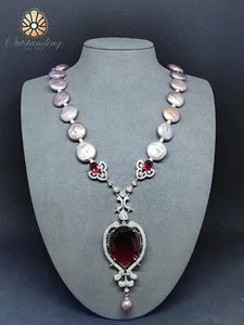 Vintage Seawater Baroque Pearl 18" Long Necklace S925 Sliver Red Crystal Gift - Picture 1 of 23