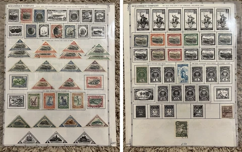 1910s-1940s MOZAMBIQUE M&U STAMPS LOT ON ALBUM PAGE TRIAGLE, AIRMAIL, ANIMALS Cover