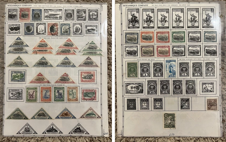 LOTE DE SELLOS M&U DE MOZAMBIQUE DE LOS AÑOS 1910-1940 EN PÁGINA DE ÁLBUM TRIAGLE, CORREO AÉREO, ANIMALES Foto 1 de 4