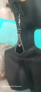 Vtg art deco Silver And Black Onyx stone Geometric Earring triangular dangle - Picture 1 of 3