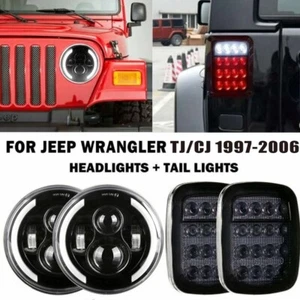 7" LED Headlights Hi/Lo DRL Angel Eyes+Tail Lights Kit for Jeep Wrangler TJ CJ - Imagen 1 de 12