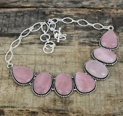 Natural Rose Quartz Gemstone Handmade 925 Sterling Silver Necklace For Gifts - Image 1 of 4