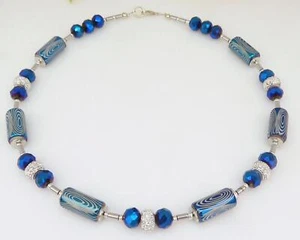 Halskette Collier Walzen Glas Perlen facettiert Strassrondell Blau 395m - Bild 1 von 10