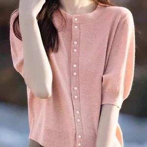 Lady Knitted Sweater Jumper Cardigan Knitwear Half Sleeve Tops Puff Sleeve Basic - Picture 1 of 25