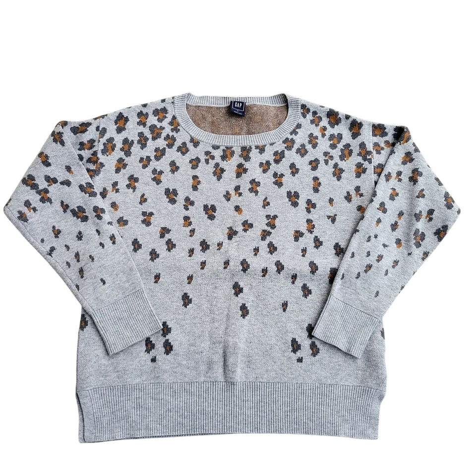 Gap Leopard Print Crewneck Sweatshirt Womens M Gray Sweater Fleece Fall Preppy - Image 1 of 4