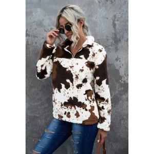Kuh Print Jacke Western Wear Kunstfell Mantel braun Reißverschlusstaschen kurz Winter Coa - Bild 1 von 2