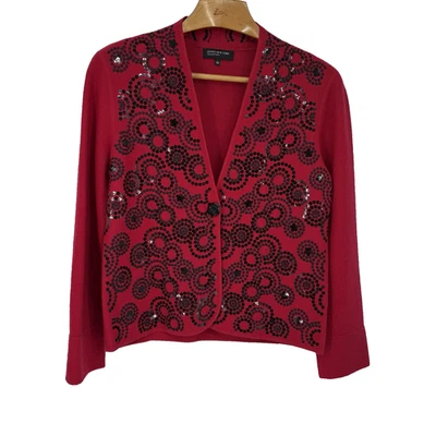 Jones New York Mujer Lana Merino Cárdigan Suéter L Rojo Lentejuelas Vacaciones Lujo Foto 1 de 4