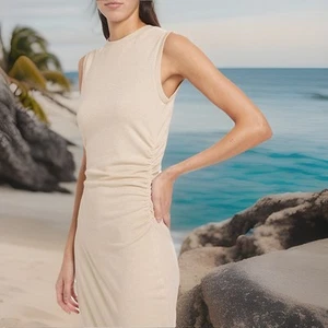 Vince Pale Fawn Beige Ruched Side Knitted Midi Dress Size Large $245 - Picture 1 of 12