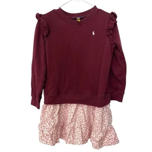Polo Ralph Lauren Girls Burgundy Sweatshirt Dress XL (16) Floral Ruffle Y2K - Picture 1 of 11