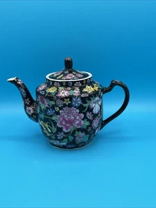 Vintage Zhongguo Jingdezhen "Millefleur Famille Noire" schwarze Blumen Rose Teekanne - Bild 1 von 11