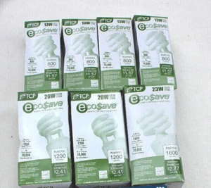 7 LOT NEW IN BOXES TCP ECO$AVE LIGHTBULBS 13W & 20W ENERGY SAVING BULBS - Picture 1 of 3