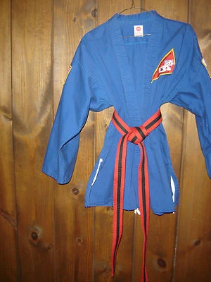 TAEKWONDO SUN UNIFORM BLUE SHIRT, RED AND BLUE STRIPED BELT, #3 KIDS PATCHES - Image 1 of 4