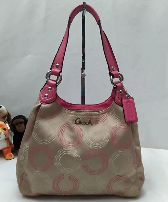 Coach Ashley Brown Canvas Pink Leather Trim 3 Compartments Shoulder Bag - Image 1 of 4