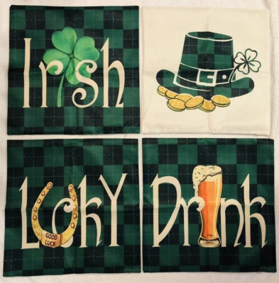 Juego de Fundas de Almohada Día de San Patricio/4 18" x 18" Verde Búfalo Cuadros Novedad NUEVO Foto 1 de 4