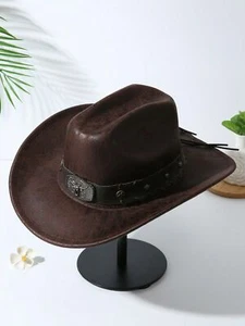 Unisex Boho Cowboy/Cowgirl Hat - Cattle Head & Belt Decor, Soft Felt, for Party - Picture 1 of 25