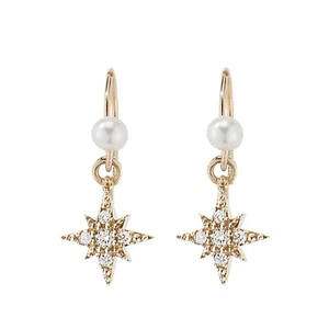 Natural Diamond Small Star Drop Earrings 14kYellow Gold Pearl Party Wear Jewelry - Picture 1 of 2