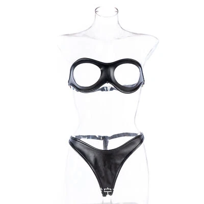 Sexy Open Boob breasts PU Leather Bra thong T-back Erotic Body Harness Set - Image 1 of 4