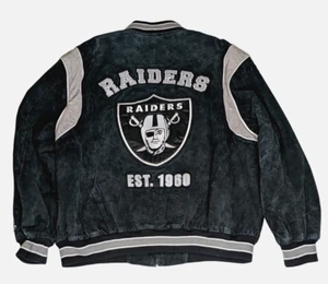 Vintage Oakland Raiders Suede Leather Varsity Bomber Jacket 2XL Quilted Lining - Picture 1 of 14