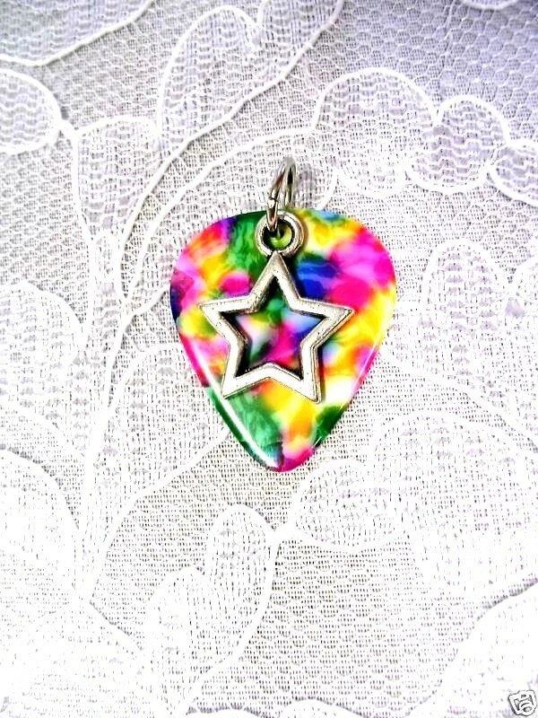 RAINBOW COLORS GUITAR PICK SILVER ALLOY STAR DOUBLE PENDANT ADJ NECKLACE - Image 1 of 1