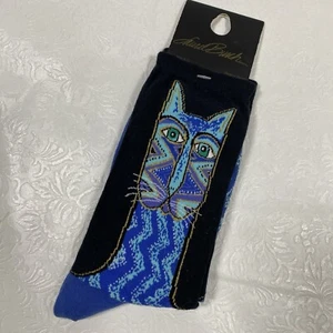Laurel Burch Crew Socks Blue Cat Tribal Zig Zag Womens sz 9-11 Novelty Gift NEW - Picture 1 of 4