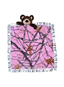 Springs Creative Pink Camouflage Brown Bear Tree Leaf Baby Blanket Satin Trim - Picture 1 of 2