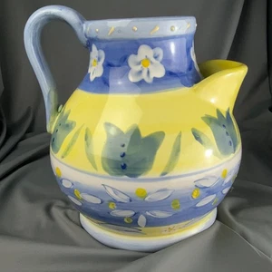Les Fleurs Pitcher Nanette Vacher Floral 80oz Ceramic Yellow Blue Country Style - Picture 1 of 6