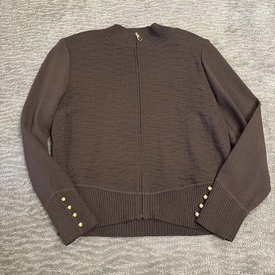 St John Collection Brown Full Zip Cardigan Gold Buttons Shoulder Pads 14 READ - Image 1 of 4