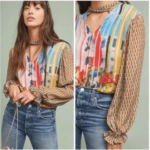 CONDITIONS APPLY Anthropologie Top Retro Peasant Keyhole Geo Balloon Sleeve SM - Bild 1 von 15