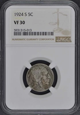 1924-S Buffalo Nickel Type 2 5C NGC VF30 - Image 1 of 4