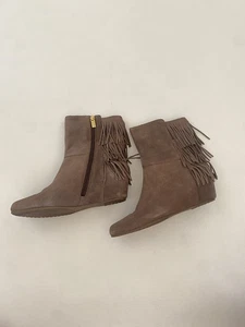 ISOLA Tricia Tan Fringe Sz 7.5 Suede Leather Boots Women's Zip Taupe NWOB NEW - Picture 1 of 9