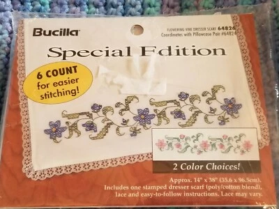 BUCILLA Flowering Vine Dresser Scarf Stamped Cross Stitch 14" x 38" Made in USA - Image 1 of 4