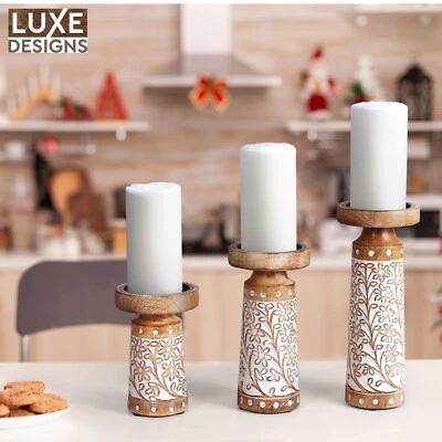Rustic Pillar Candle Holders Hand Carved Mango Wood Candlestick Holders Set of 3 - Image 1 of 4