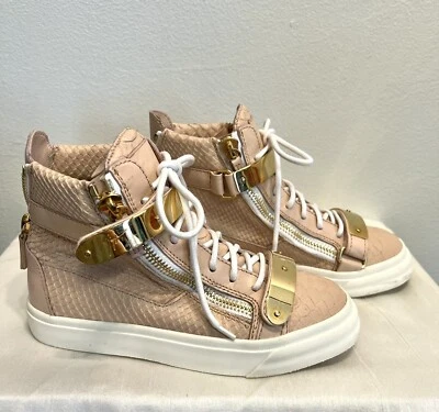 Giuseppe Zanotti Hi Top Croc Embossed Light Pink/Gold Buckle Sneakers 35.5  5.5 - Image 1 of 4