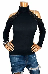 Venus M Top Stretch NWT Black Bodice Sequins Lace Open Shoulders Blouse Long Slv - Picture 1 of 10