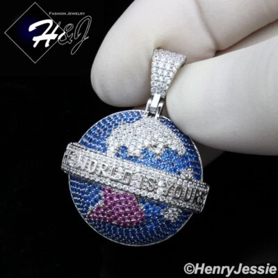 COLGANTE MEDIO GLOBO DE PLATA ESTERLINA 925 SÓLIDA PARA HOMBRE BLING CIRCONITA "EL MUNDO ES TUYO"*SP525 Foto 1 de 4