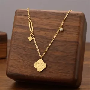 18k Gold Clover Necklace Clover Charm Pendant Waterproof Non Tarnish Christmas - Picture 1 of 4