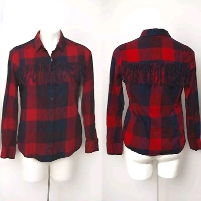 Zara Button Up Bufallo Plaid Western Cowgirl Fringed Long Sleeves Top Medium - Image 1 of 4