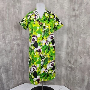 Camicia camicia floreale astratta verde brillante vintage anni 70 abito abbottonato S/S Tiki - Foto 1 di 10