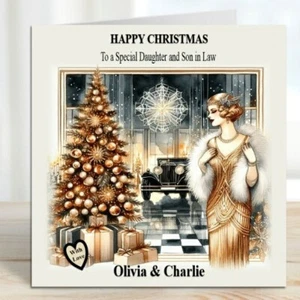 Biglietto Natalizio Personalizzato Art Decò Lady con Albero di Natale e Regali - Foto 1 di 2
