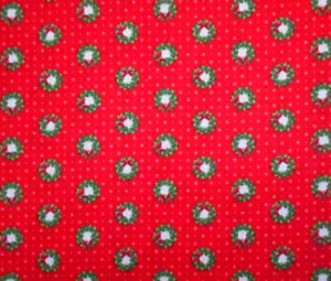 Christmas Fabric 1 1/4 Yard Green Holly Wreaths White Dots on Red Cotton Vtg 32  - Picture 1 of 2