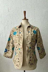 SILKLAND Jacket Buttoned Up 100% Kilkenny Beige Floral Embroidery Lined Size M  - Picture 1 of 24