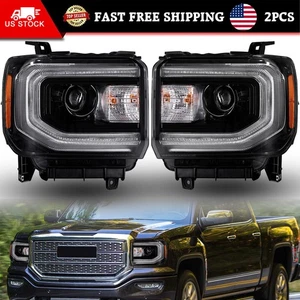 Pair For 2016-2018 GMC Sierra 1500 HID/Xenon Black LED DRL Projector Headlights - Picture 1 of 7