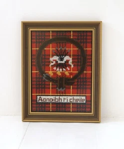 Vintage Tapestry Completed Needlepoint Gaelic Cameron Clan Framed 15” X 12” - Picture 1 of 10
